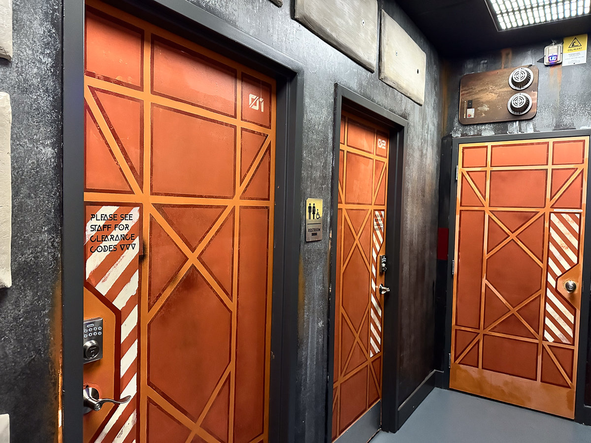 orange doors to bathroom